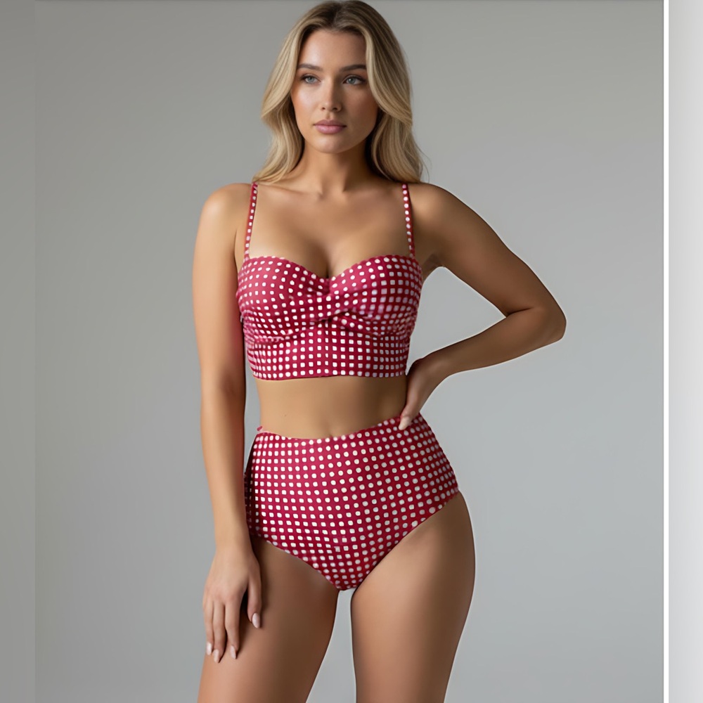 Gingham Twist Push Up Bra & High Waisted Bottom Bikini Red/Wht